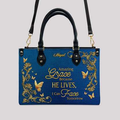 Personalized Christian Leather Handbag – Amazing Grace Because He Lives Tote, Custom Name Faith Gift for Women, Luxury Gold Foil Purse – CHRISTIANARTBAG