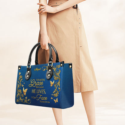 Personalized Christian Leather Handbag – Amazing Grace Because He Lives Tote, Custom Name Faith Gift for Women, Luxury Gold Foil Purse – CHRISTIANARTBAG