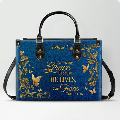 Personalized Christian Leather Handbag – Amazing Grace Because He Lives Tote, Custom Name Faith Gift for Women, Luxury Gold Foil Purse – CHRISTIANARTBAG