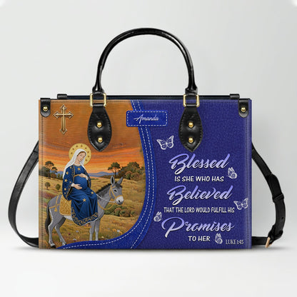 Personalized Leather Handbag for Women - Blessed Mother Art - Saffron Brown Tote by CHRISTIANARTBAG CAB01122325