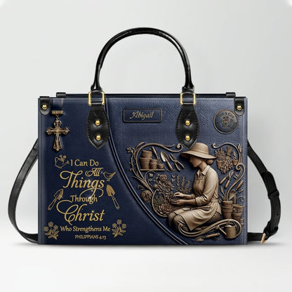CHRISTIANARTBAG Personalized Leather Handbag - Custom Name Greige Crossbody Bag, Christian Gift for Women, Philippians 4:13 Gardening Tote CAB0171926