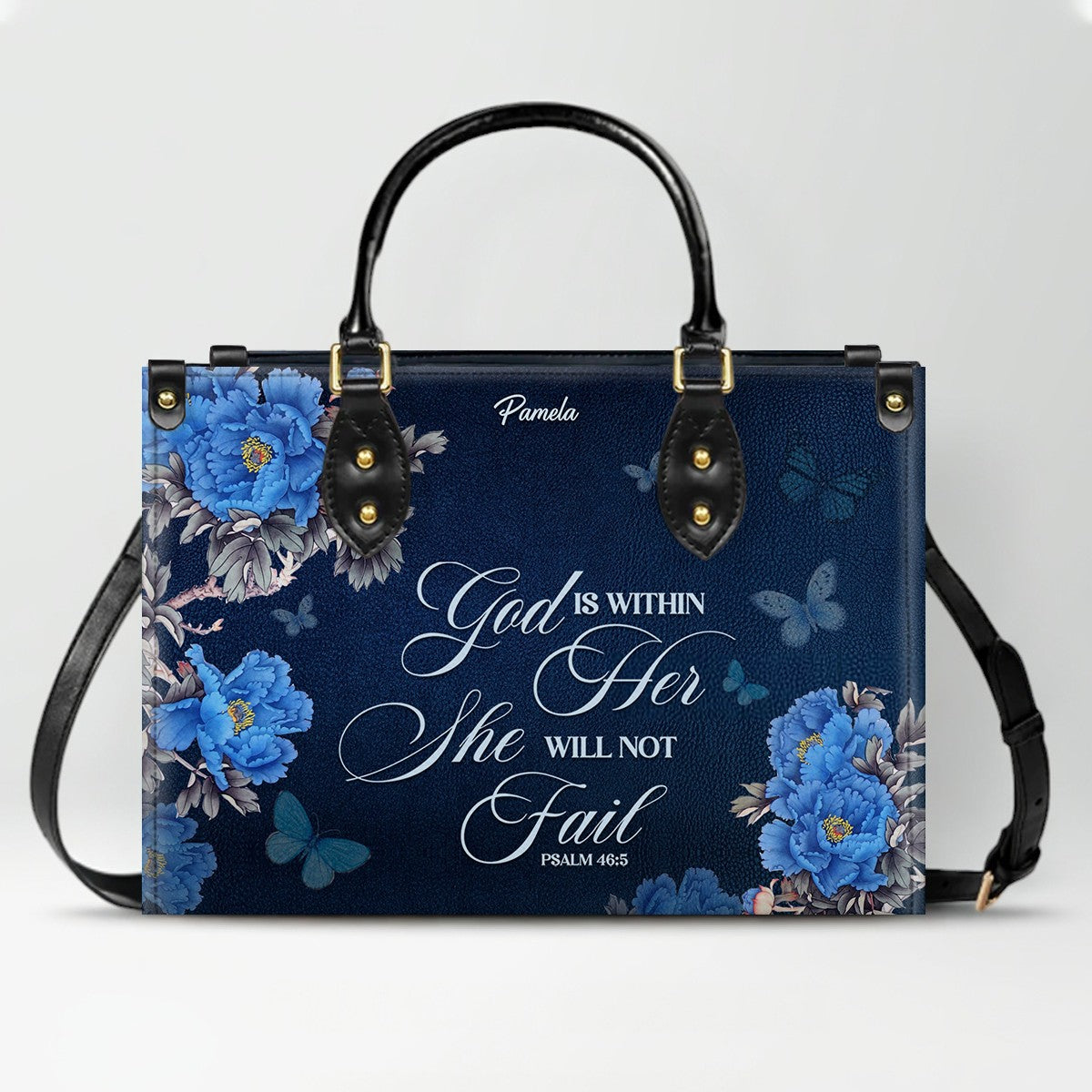 Christian Leather Purse Navy with Personalized Name & Custom Bible Verse | CHRISTIANARTBAG Luxury Bag CAB01121425