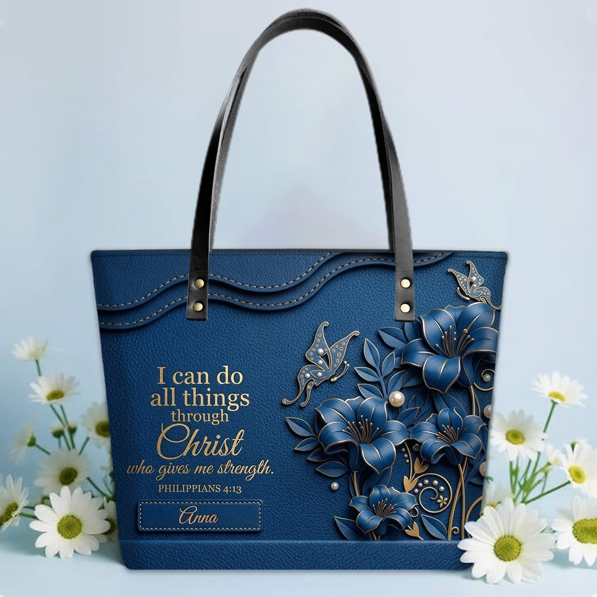 Personalized Christian Leather Tote Bag - 3D Floral Butterfly & Bible Verse Philippians 4:13 | Custom Name & Color - CHRISTIANARTBAG CAB01101326