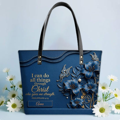 Personalized Christian Leather Tote Bag - 3D Floral Butterfly & Bible Verse Philippians 4:13 | Custom Name & Color - CHRISTIANARTBAG CAB01101326
