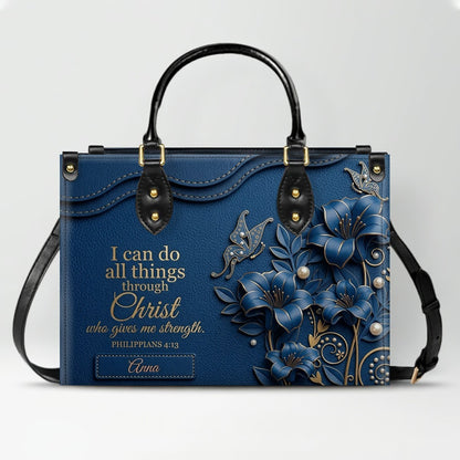Personalized Leather Handbag - Custom Name Christian Bible Verse Philippians 4:13 Floral Butterfly Tote Bag | CHRISTIANARTBAG CA02100926