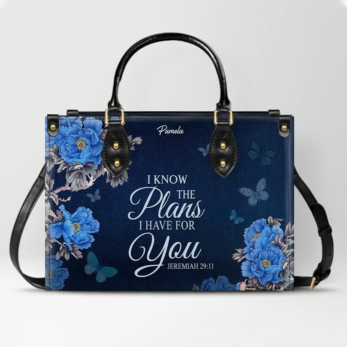 Christian Leather Purse Navy with Personalized Name & Custom Bible Verse | CHRISTIANARTBAG Luxury Bag CAB01121425