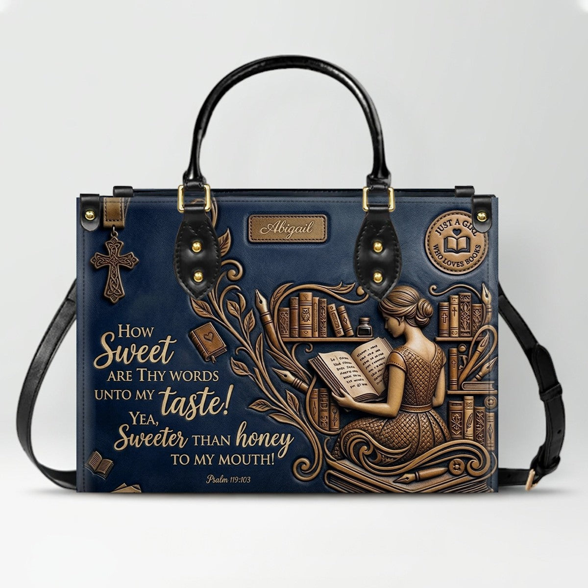 Personalized Bible Verse Leather Handbag | Scripture Psalm 119:103 Book Lover Gift | Just A Girl Who Loves Books Tote | CHRISTIANARTBAG 01072026