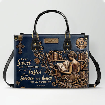 Personalized Bible Verse Leather Handbag | Scripture Psalm 119:103 Book Lover Gift | Just A Girl Who Loves Books Tote | CHRISTIANARTBAG 01072026