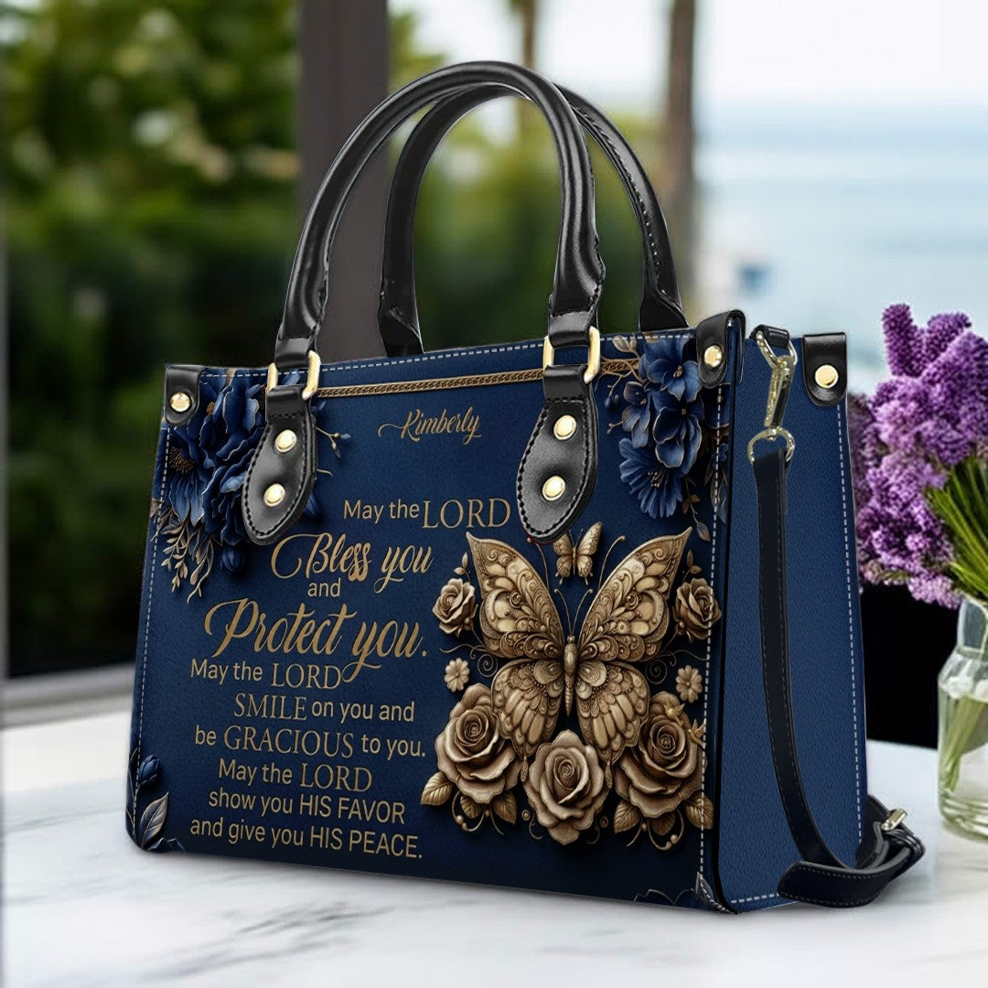 CHRISTIANARTBAG Personalized Leather Handbag, Custom Name & Color, "May The Lord Bless You" Butterfly & Floral Design, Luxury Christian Tote Bag CAB01072226