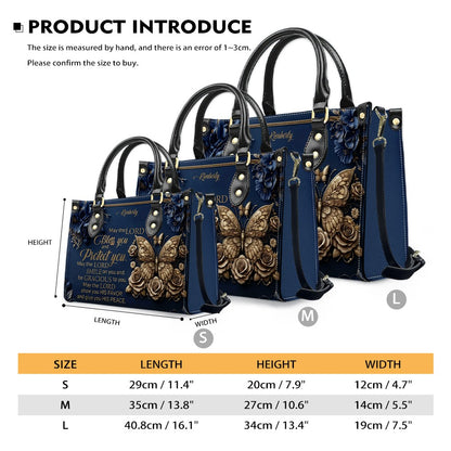 CHRISTIANARTBAG Personalized Leather Handbag, Custom Name & Color, "May The Lord Bless You" Butterfly & Floral Design, Luxury Christian Tote Bag CAB01072226