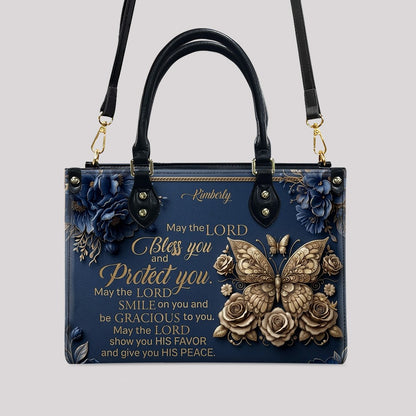 CHRISTIANARTBAG Personalized Leather Handbag, Custom Name & Color, "May The Lord Bless You" Butterfly & Floral Design, Luxury Christian Tote Bag CAB01072226