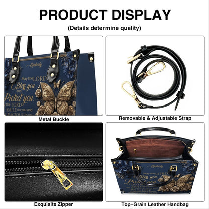 CHRISTIANARTBAG Personalized Leather Handbag, Custom Name & Color, "May The Lord Bless You" Butterfly & Floral Design, Luxury Christian Tote Bag CAB01072226