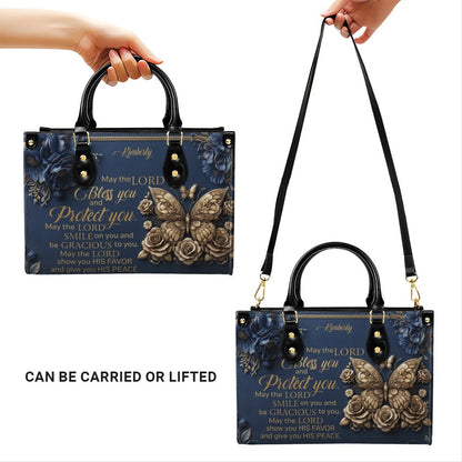 CHRISTIANARTBAG Personalized Leather Handbag, Custom Name & Color, "May The Lord Bless You" Butterfly & Floral Design, Luxury Christian Tote Bag CAB01072226