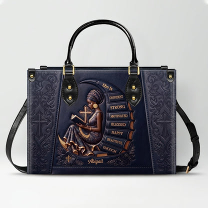 Personalized Leather Handbag for Christian Women - Custom Name, Skin Tone & Color "She Is" Affirmation Tote Bag | CHRISTIANARTBAG 01080326