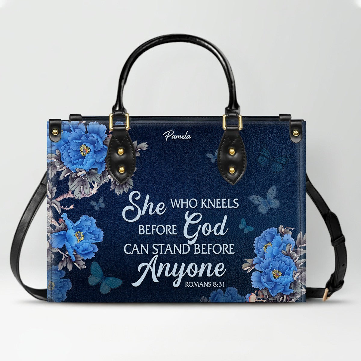 Christian Leather Purse Navy with Personalized Name & Custom Bible Verse | CHRISTIANARTBAG Luxury Bag CAB01121425