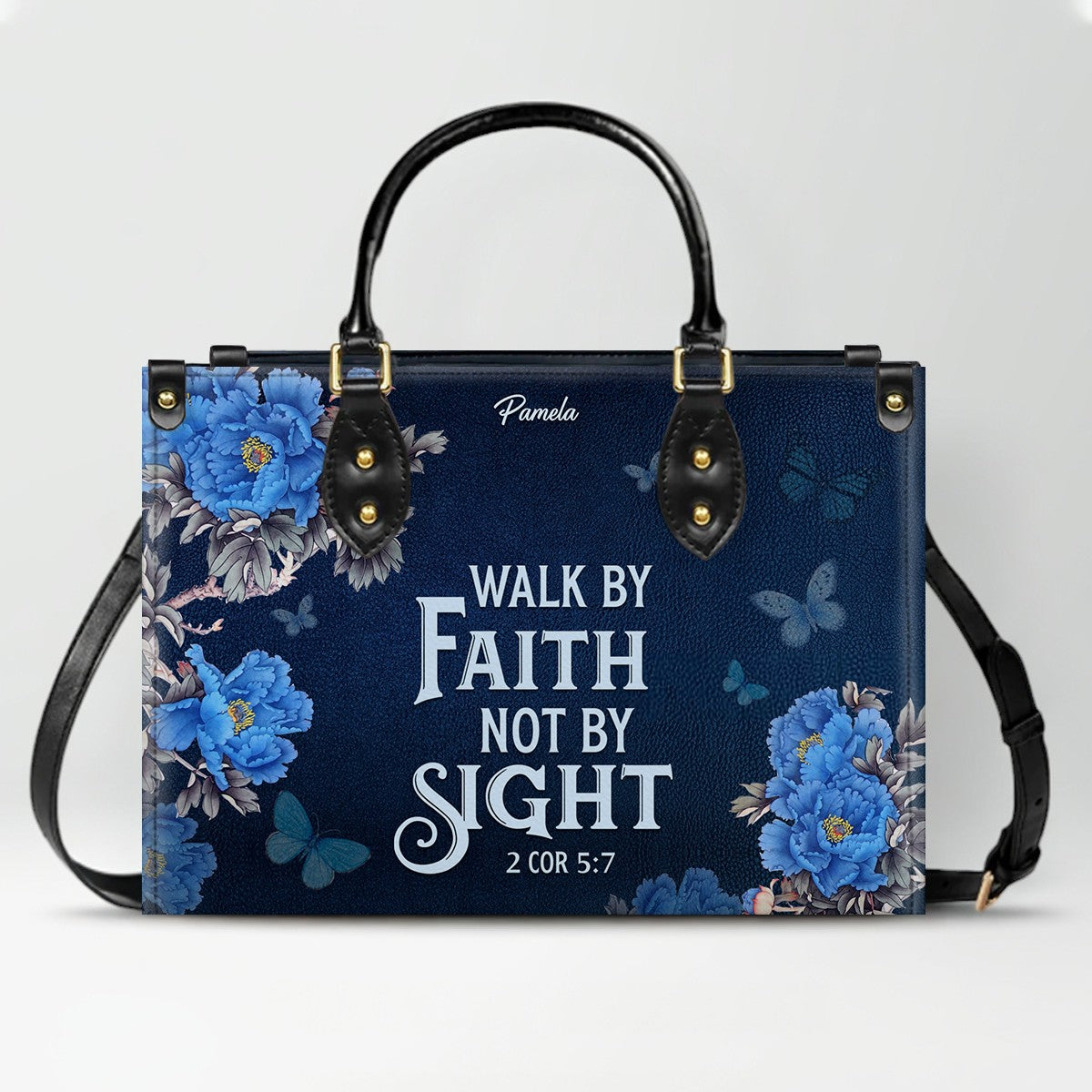 Christian Leather Purse Navy with Personalized Name & Custom Bible Verse | CHRISTIANARTBAG Luxury Bag CAB01121425