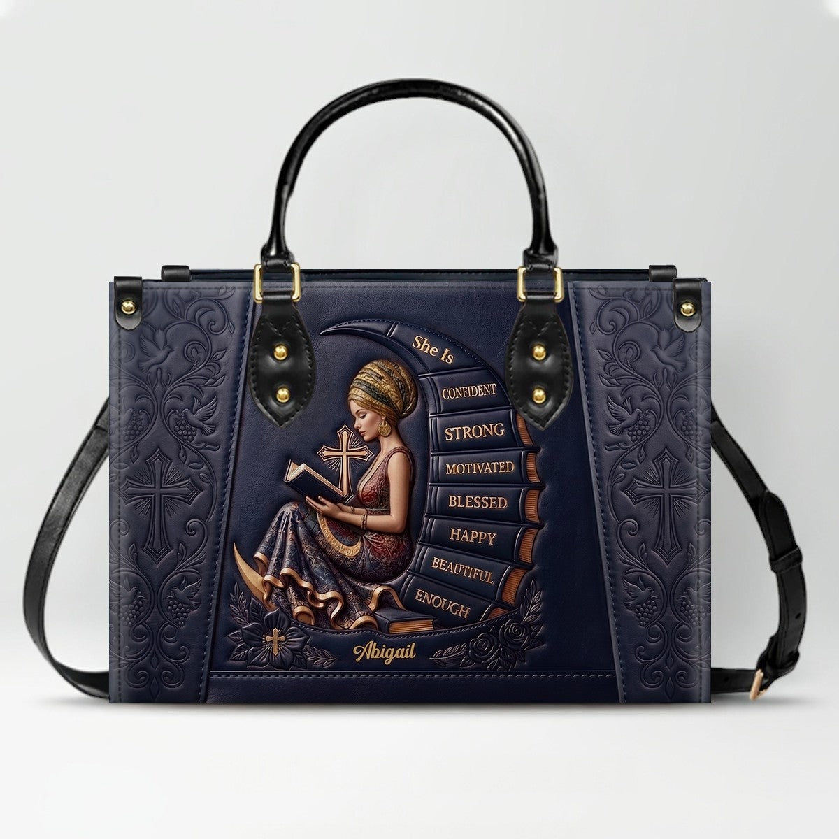 Personalized Leather Handbag for Christian Women - Custom Name, Skin Tone & Color "She Is" Affirmation Tote Bag | CHRISTIANARTBAG 01080326