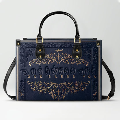 Personalized Christian ASL God Bless You Leather Handbag - Custom Name Christian Leather Tote Bag - CHRISTIANARTBAG CAB01101426
