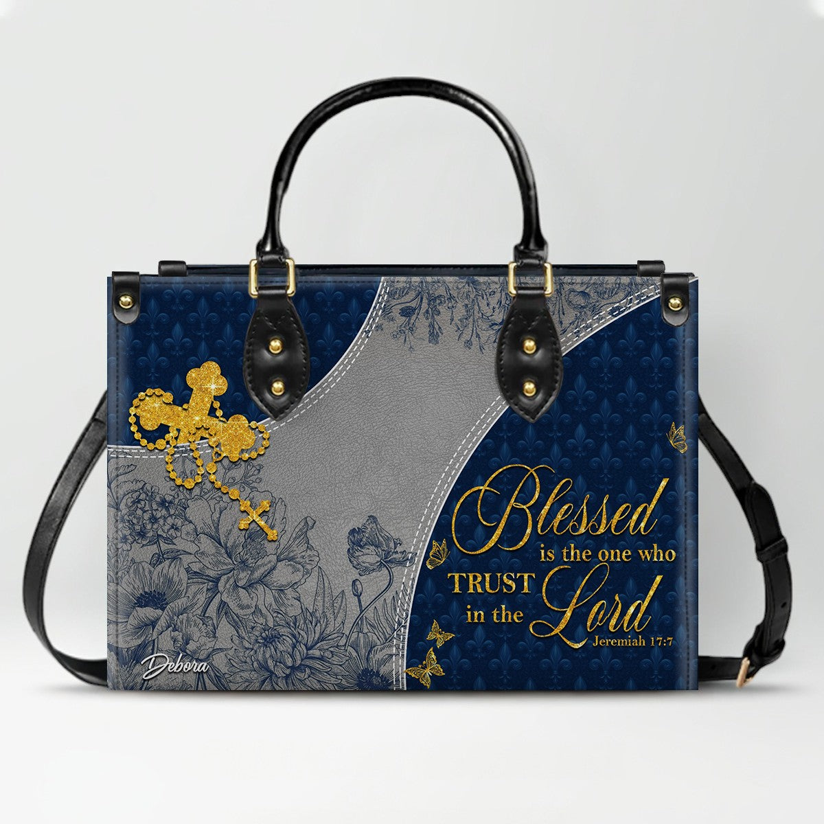 Christian Leather Purse Navy with Personalized Name & Custom Bible Verse | CHRISTIANARTBAG Luxury Bag CAB01121225