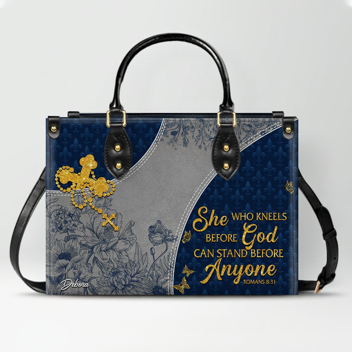 Christian Leather Purse Navy with Personalized Name & Custom Bible Verse | CHRISTIANARTBAG Luxury Bag CAB01121225