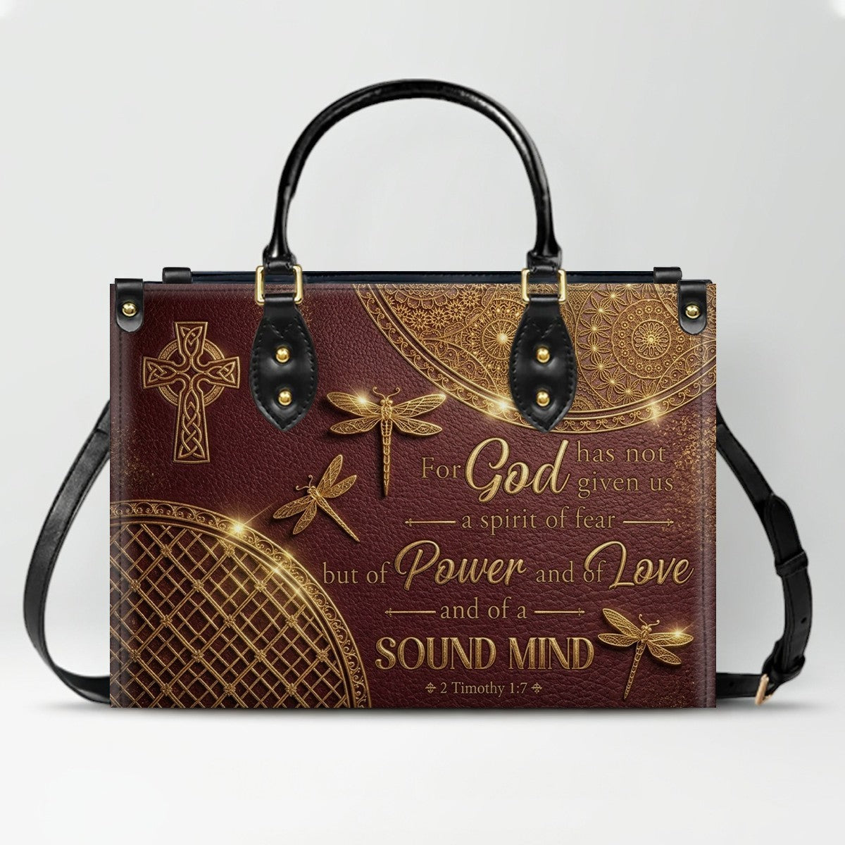 Personalized Leather Handbag | Custom Cross & Dragonfly Design - Gold Line Art - Religious Gift for Women - 2 Timothy 1:7 Scripture | CHRISTIANARTBAG CAB0171526