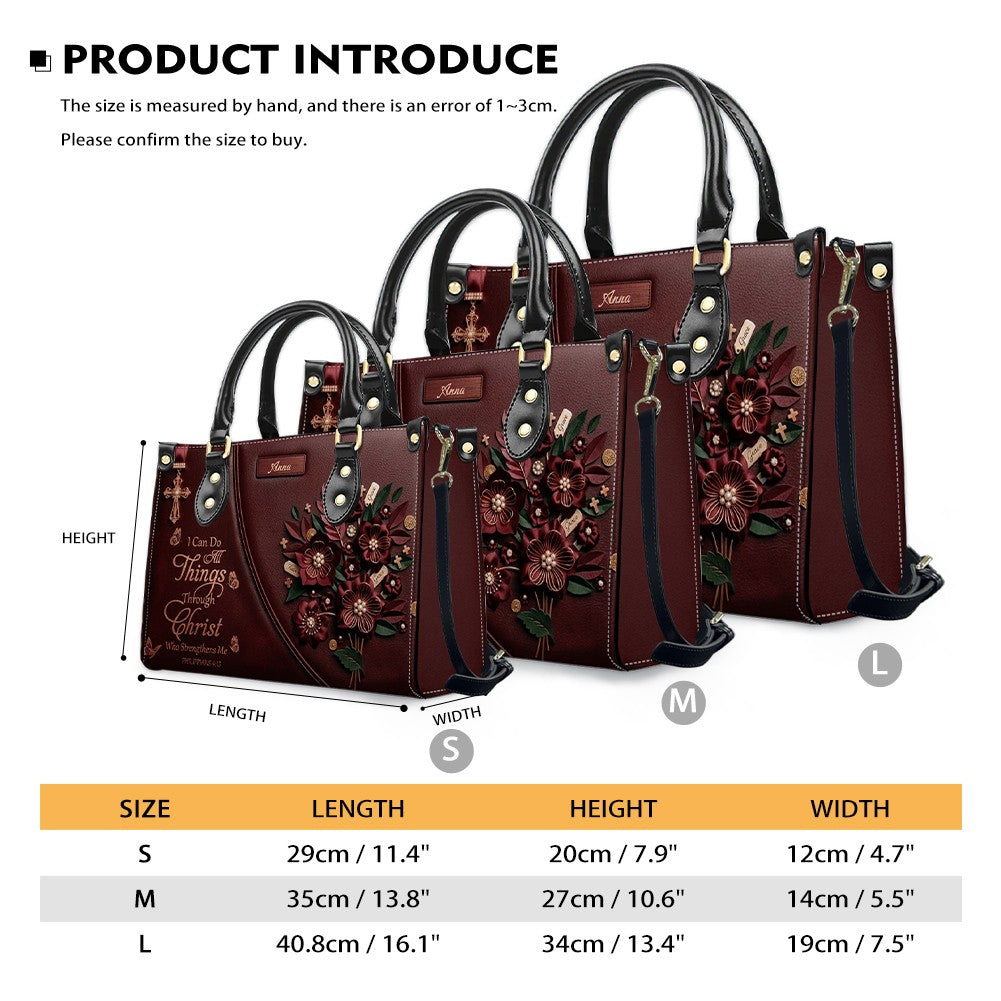 Custom Name Oxblood Burgundy Leather Handbag | "I Can Do All Things Through Christ" Floral Design | CHRISTIANARTBAG 02070426