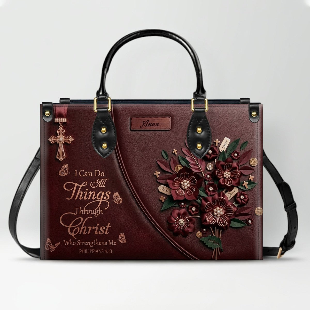 Custom Name Christian Leather Handbag by CHRISTIANARTBAG | I Can Do All Things Shoulder Bag, Religious Floral Gift for Her CAB01070126