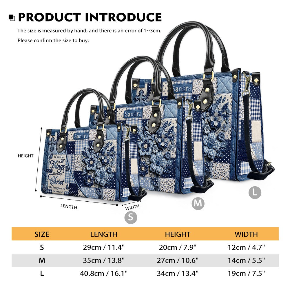 CHRISTIANARTBAG | Personalized Leather Handbag - Custom Name & Color Blue Patchwork Bible Verse Tote Bag Philippians 4 13
