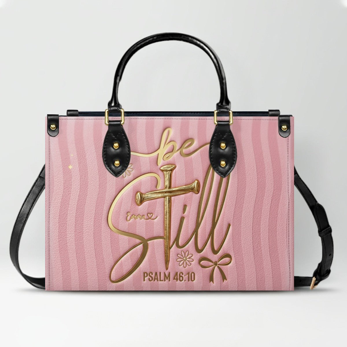 Personalized Be Still Psalm 46:10 Cross Leather Handbag for Women - CHRISTIANARTBAG | Custom Faith Purse in Pink CAB01100526