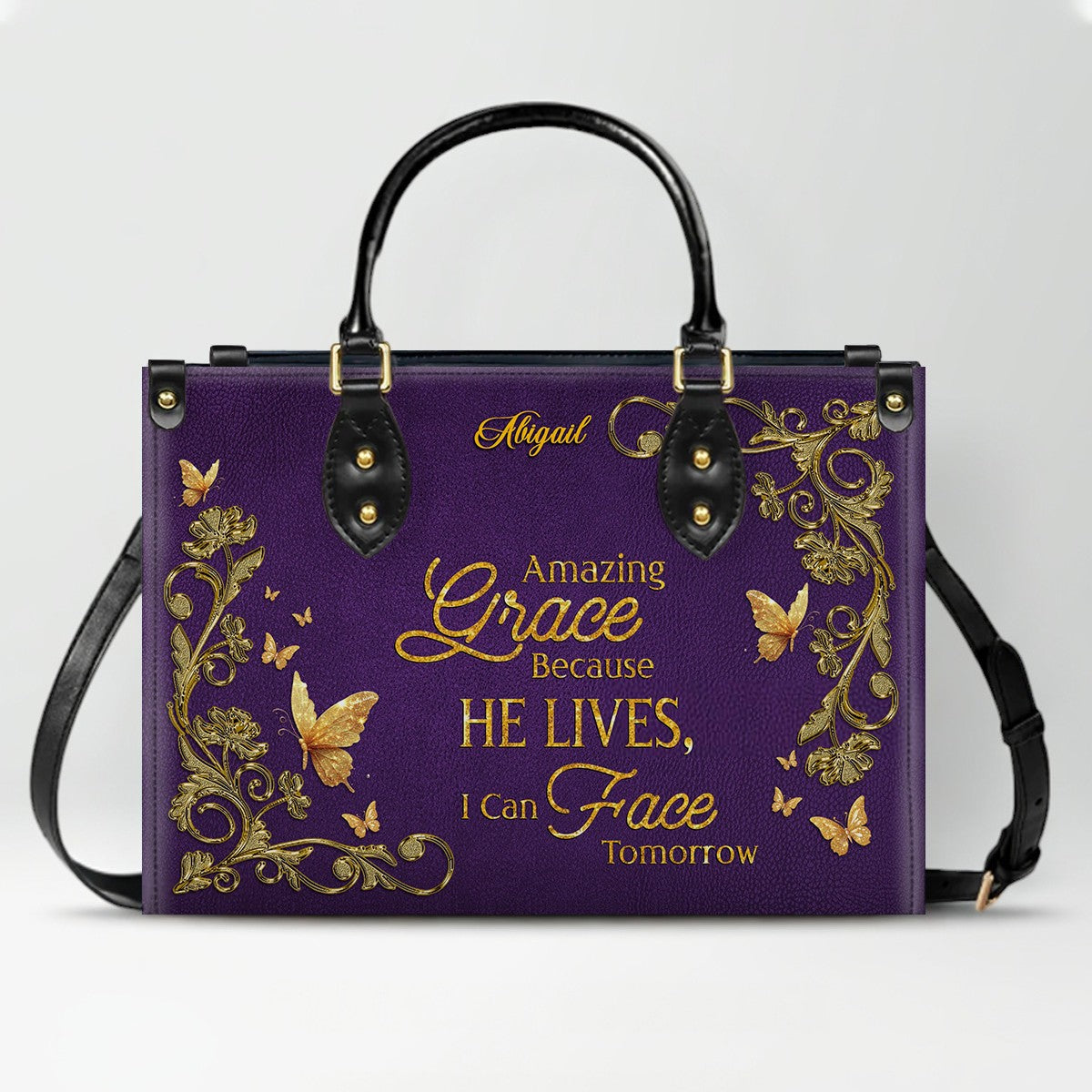 Personalized Christian Leather Handbag – Amazing Grace Because He Lives Tote, Custom Name Faith Gift for Women, Luxury Gold Foil Purse – CHRISTIANARTBAG