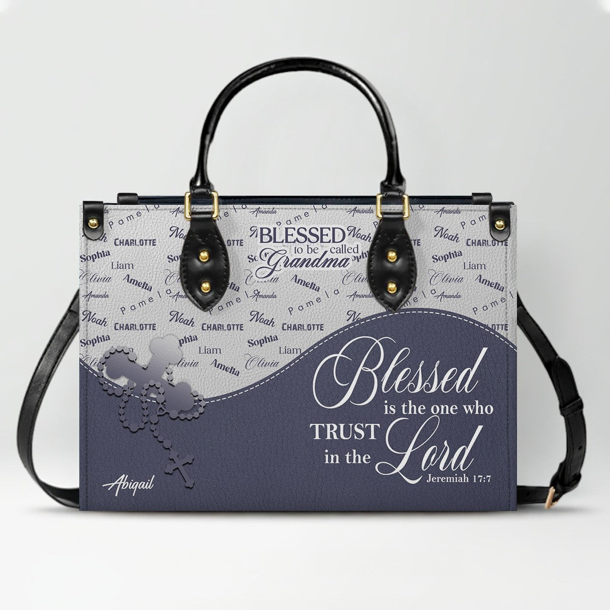 Personalized Leather Handbag – Blessed Grandma Purse with Grandkids' Names Background, Christian Bible Verse Bag, CHRISTIANARTBAG Gift for Women