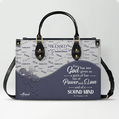 Personalized Leather Handbag – Blessed Grandma Purse with Grandkids' Names Background, Christian Bible Verse Bag, CHRISTIANARTBAG Gift for Women