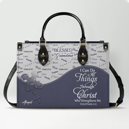 Personalized Leather Handbag – Blessed Grandma Purse with Grandkids' Names Background, Christian Bible Verse Bag, CHRISTIANARTBAG Gift for Women