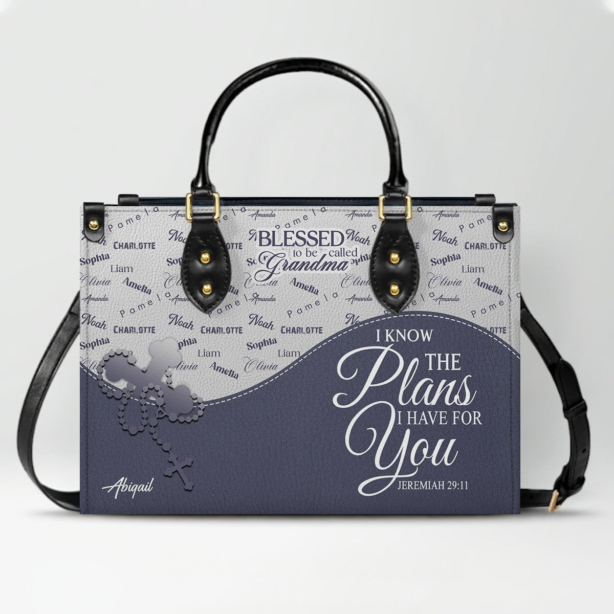 Personalized Leather Handbag – Blessed Grandma Purse with Grandkids' Names Background, Christian Bible Verse Bag, CHRISTIANARTBAG Gift for Women