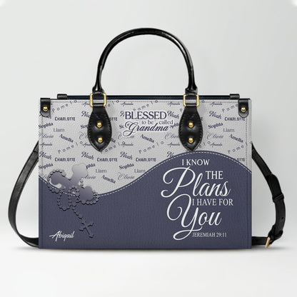 Personalized Leather Handbag – Blessed Grandma Purse with Grandkids' Names Background, Christian Bible Verse Bag, CHRISTIANARTBAG Gift for Women