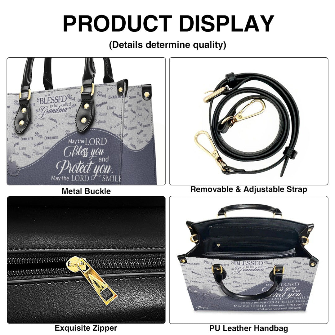 Personalized Leather Handbag – Blessed Grandma Purse with Grandkids' Names Background, Christian Bible Verse Bag, CHRISTIANARTBAG Gift for Women