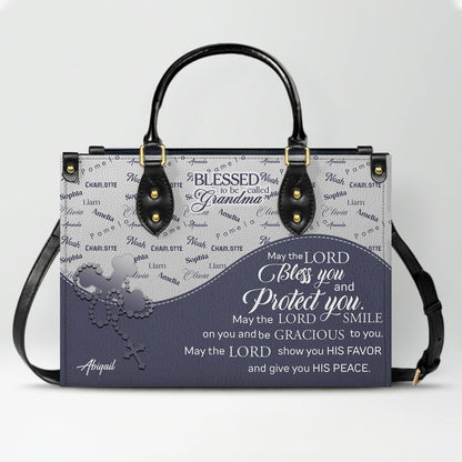 Personalized Leather Handbag – Blessed Grandma Purse with Grandkids' Names Background, Christian Bible Verse Bag, CHRISTIANARTBAG Gift for Women