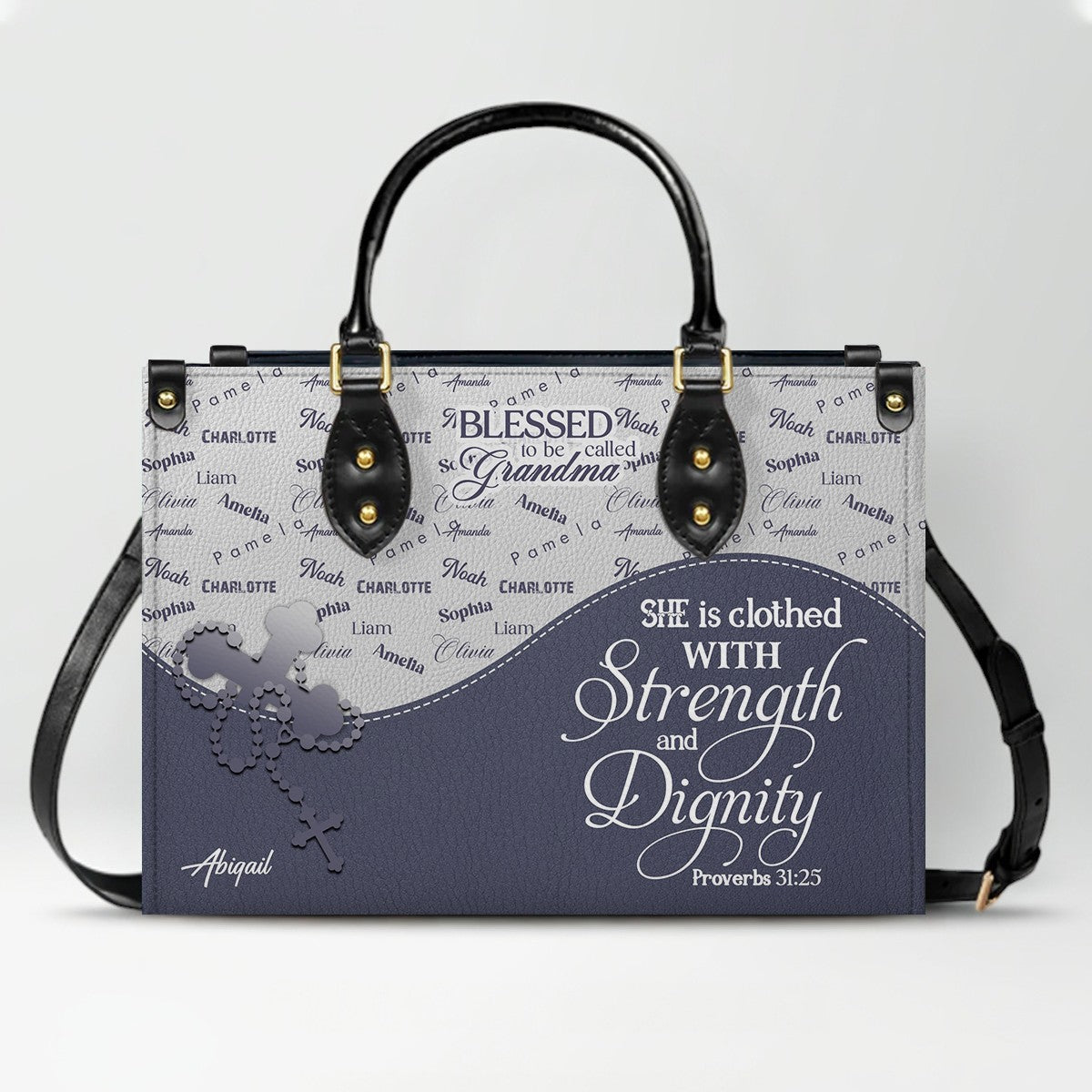 Personalized Leather Handbag – Blessed Grandma Purse with Grandkids' Names Background, Christian Bible Verse Bag, CHRISTIANARTBAG Gift for Women