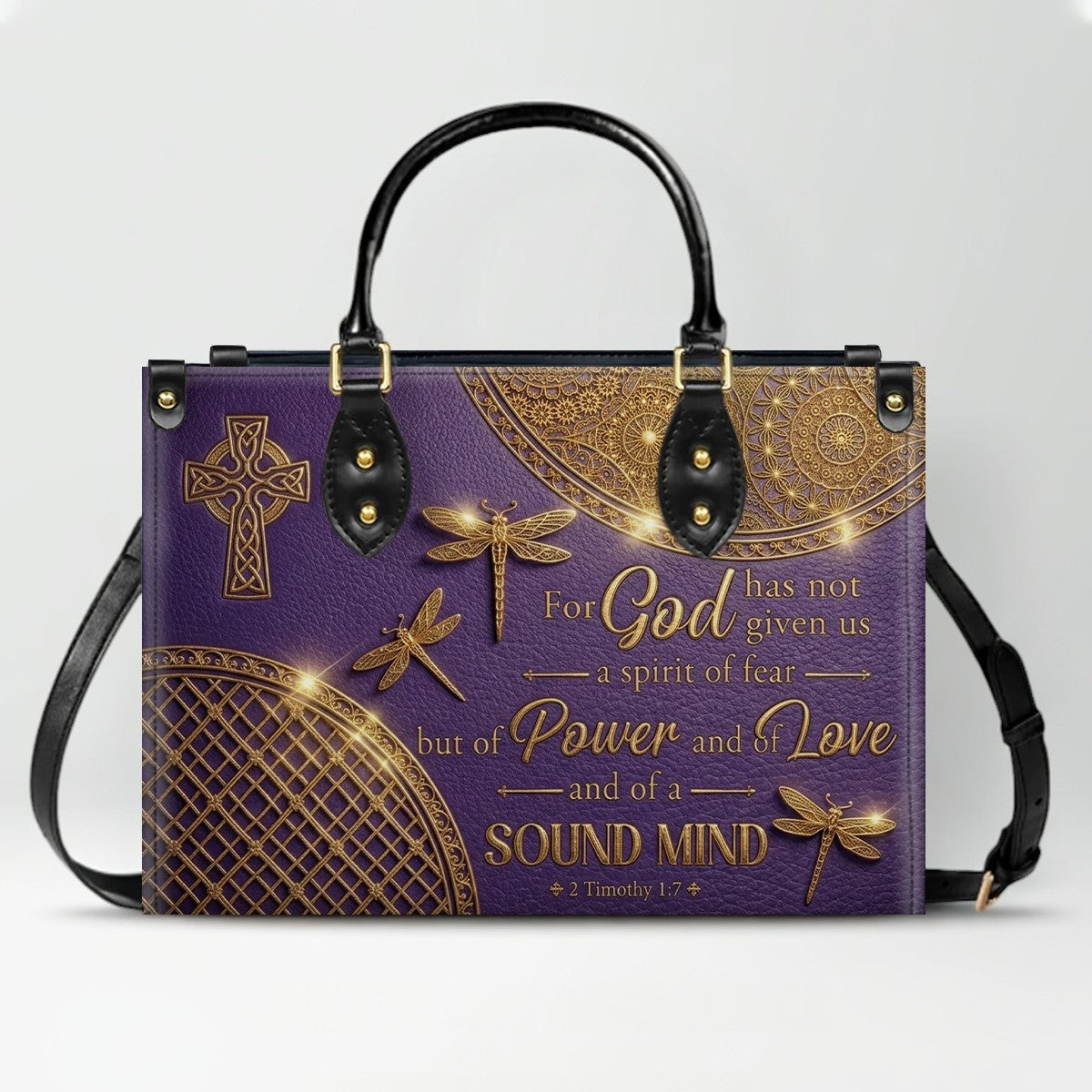 Personalized Leather Handbag | Custom Cross & Dragonfly Design - Gold Line Art - Religious Gift for Women - 2 Timothy 1:7 Scripture | CHRISTIANARTBAG CAB0171526
