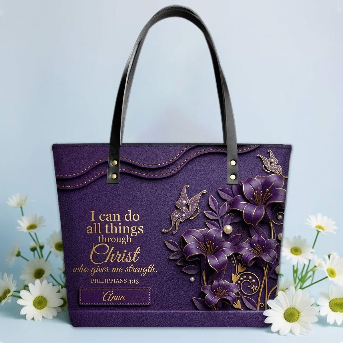 Personalized Christian Leather Tote Bag - 3D Floral Butterfly & Bible Verse Philippians 4:13 | Custom Name & Color - CHRISTIANARTBAG CAB01101326
