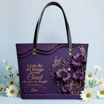 Personalized Christian Leather Tote Bag - 3D Floral Butterfly & Bible Verse Philippians 4:13 | Custom Name & Color - CHRISTIANARTBAG CAB01101326