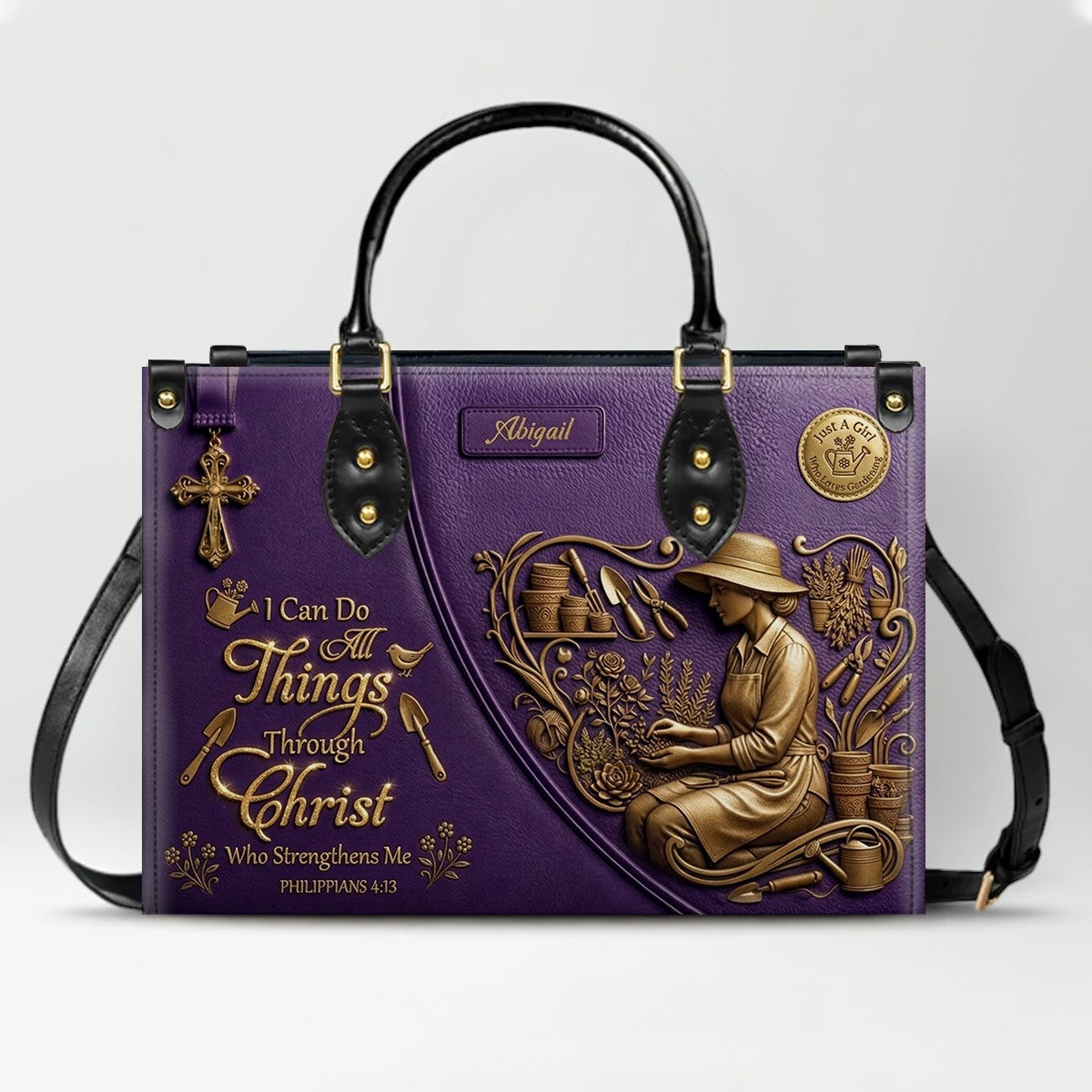 CHRISTIANARTBAG Personalized Leather Handbag - Custom Name Greige Crossbody Bag, Christian Gift for Women, Philippians 4:13 Gardening Tote CAB0171926