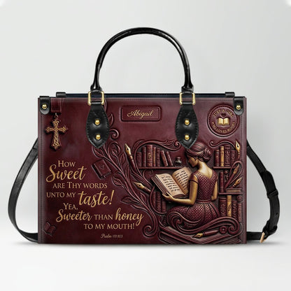Personalized Bible Verse Leather Handbag | Scripture Psalm 119:103 Book Lover Gift | Just A Girl Who Loves Books Tote | CHRISTIANARTBAG 01072026