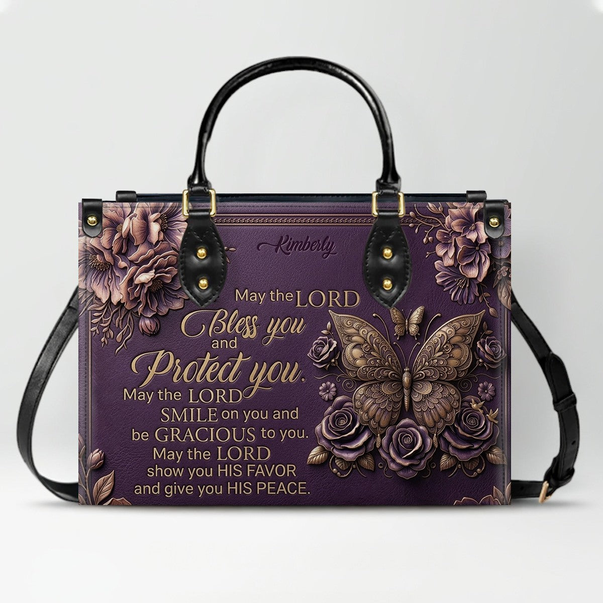 CHRISTIANARTBAG Personalized Leather Handbag, Custom Name & Color, "May The Lord Bless You" Butterfly & Floral Design, Luxury Christian Tote Bag CAB01072226