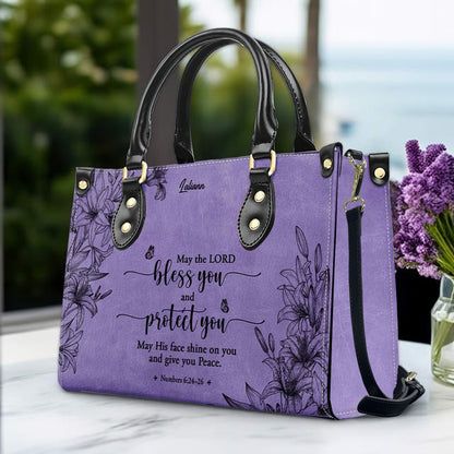CHRISTIANARTBAG Personalized Purple Leather Bag - Custom Bible Verse Handbag - Floral Christian Gifts for Her - Numbers 6:24-26 Blessing Tote
