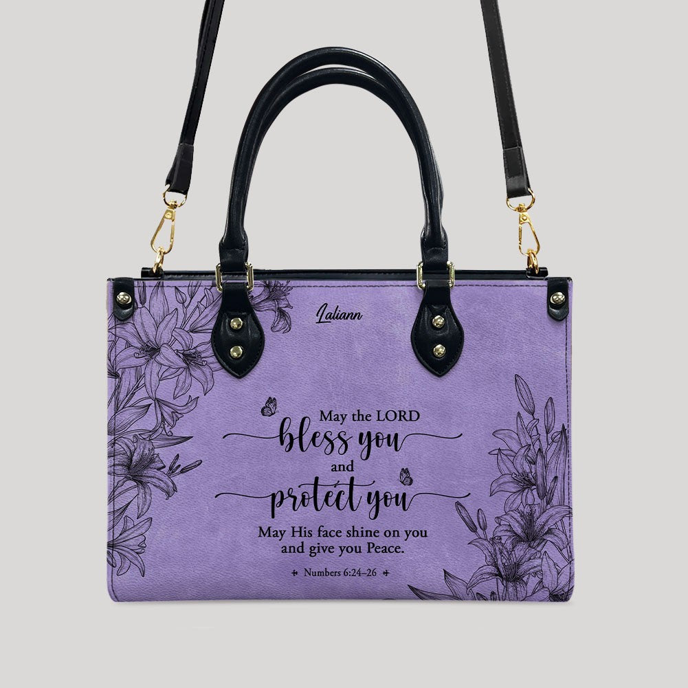 CHRISTIANARTBAG Personalized Purple Leather Bag - Custom Bible Verse Handbag - Floral Christian Gifts for Her - Numbers 6:24-26 Blessing Tote