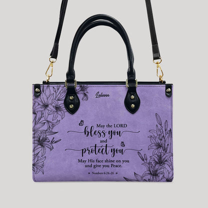 CHRISTIANARTBAG Personalized Purple Leather Bag - Custom Bible Verse Handbag - Floral Christian Gifts for Her - Numbers 6:24-26 Blessing Tote