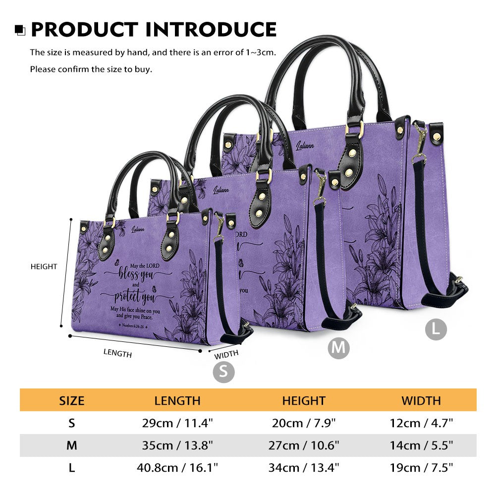 CHRISTIANARTBAG Personalized Purple Leather Bag - Custom Bible Verse Handbag - Floral Christian Gifts for Her - Numbers 6:24-26 Blessing Tote
