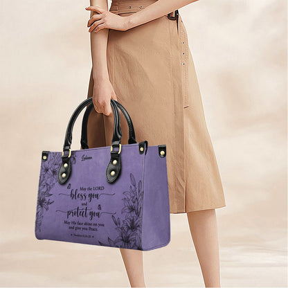 CHRISTIANARTBAG Personalized Purple Leather Bag - Custom Bible Verse Handbag - Floral Christian Gifts for Her - Numbers 6:24-26 Blessing Tote