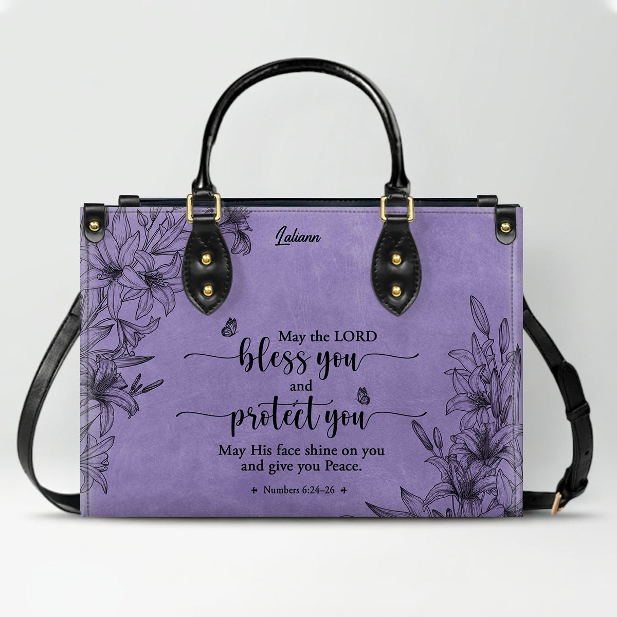 CHRISTIANARTBAG Personalized Purple Leather Bag - Custom Bible Verse Handbag - Floral Christian Gifts for Her - Numbers 6:24-26 Blessing Tote
